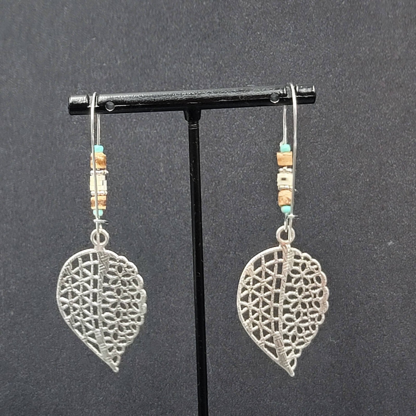 New Boho Pierced Earrings Open Work Leaf Beaded Long 3"