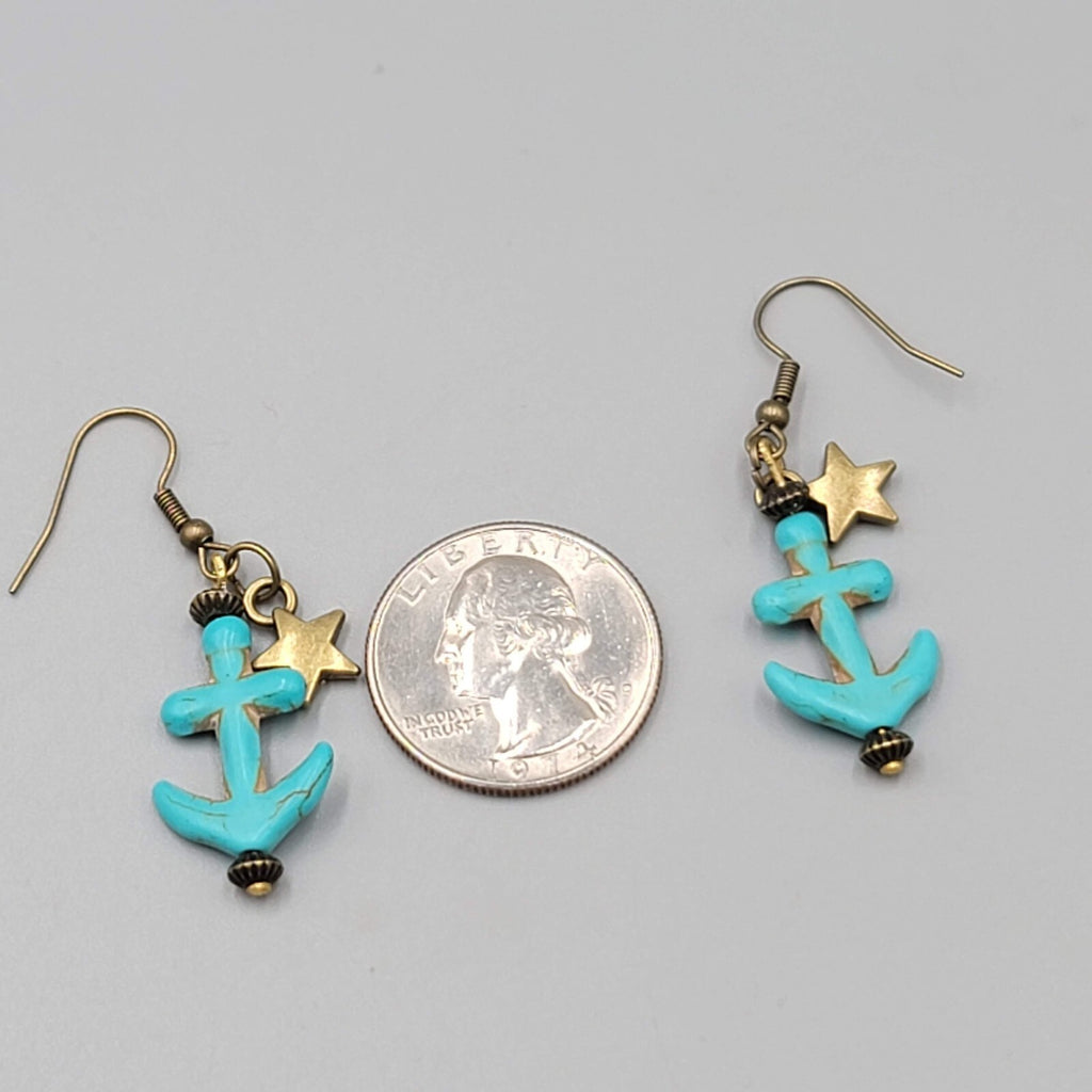 New Blue Howlite Stone Anchor Pierced Earrings Bronze tone Dangle Nautical 1.25"