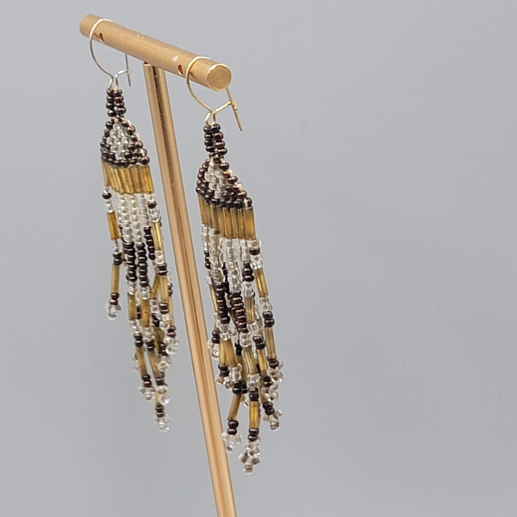 Vintage Seed Bead Tassel Pierced Earrings Clear Gold tone Black 2.75 in