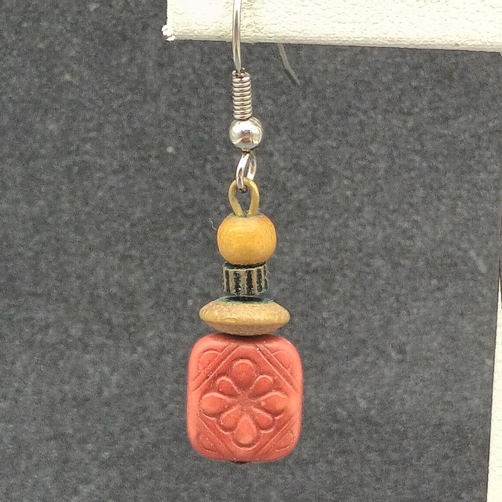 Pierced Earrings Silver tone Hook Red Plastic Flower Wood Bead Dangle 1"