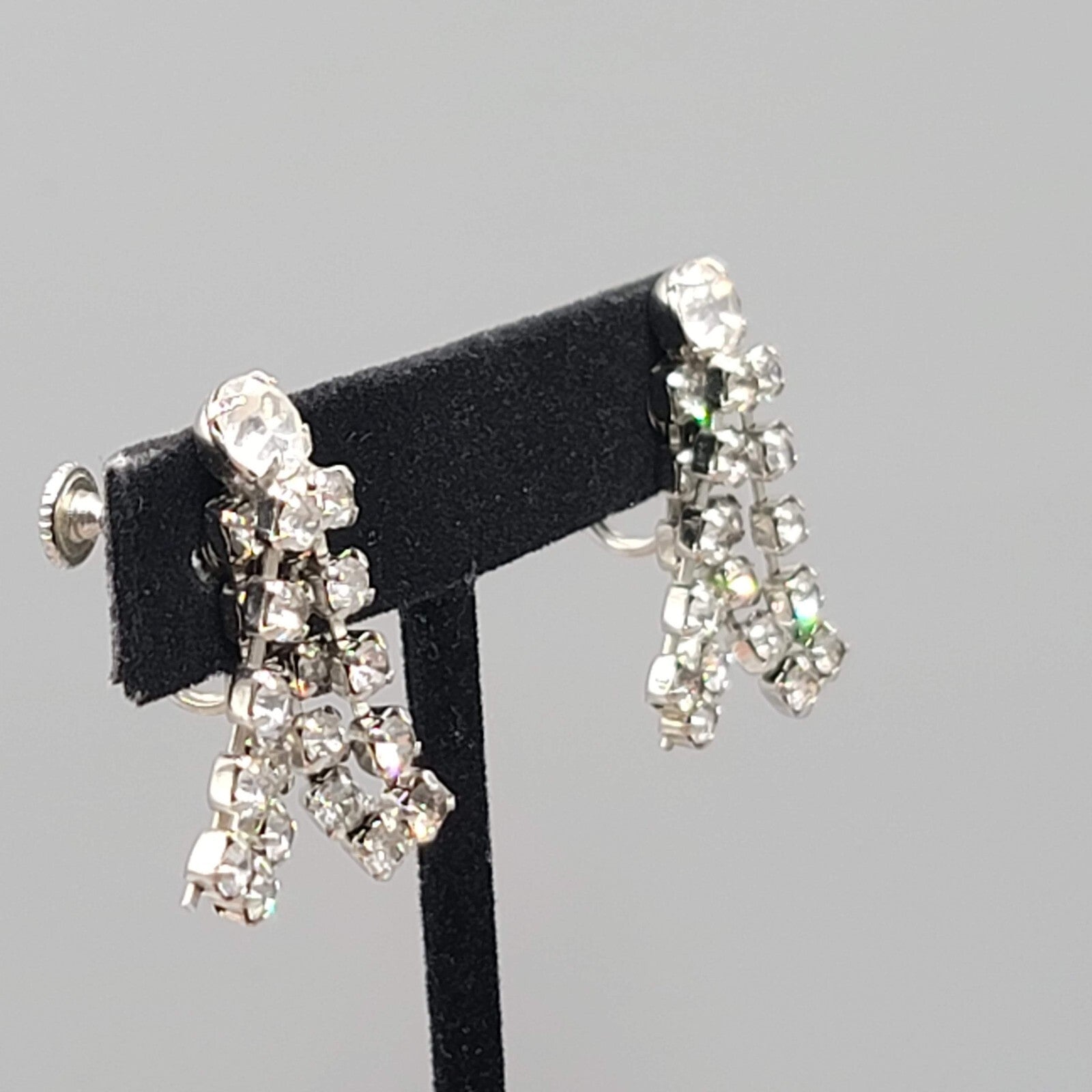 Vintage Rhinestone Clip on Earrings Silver tone Wrapped Dangle Screw Back 1 1/8"