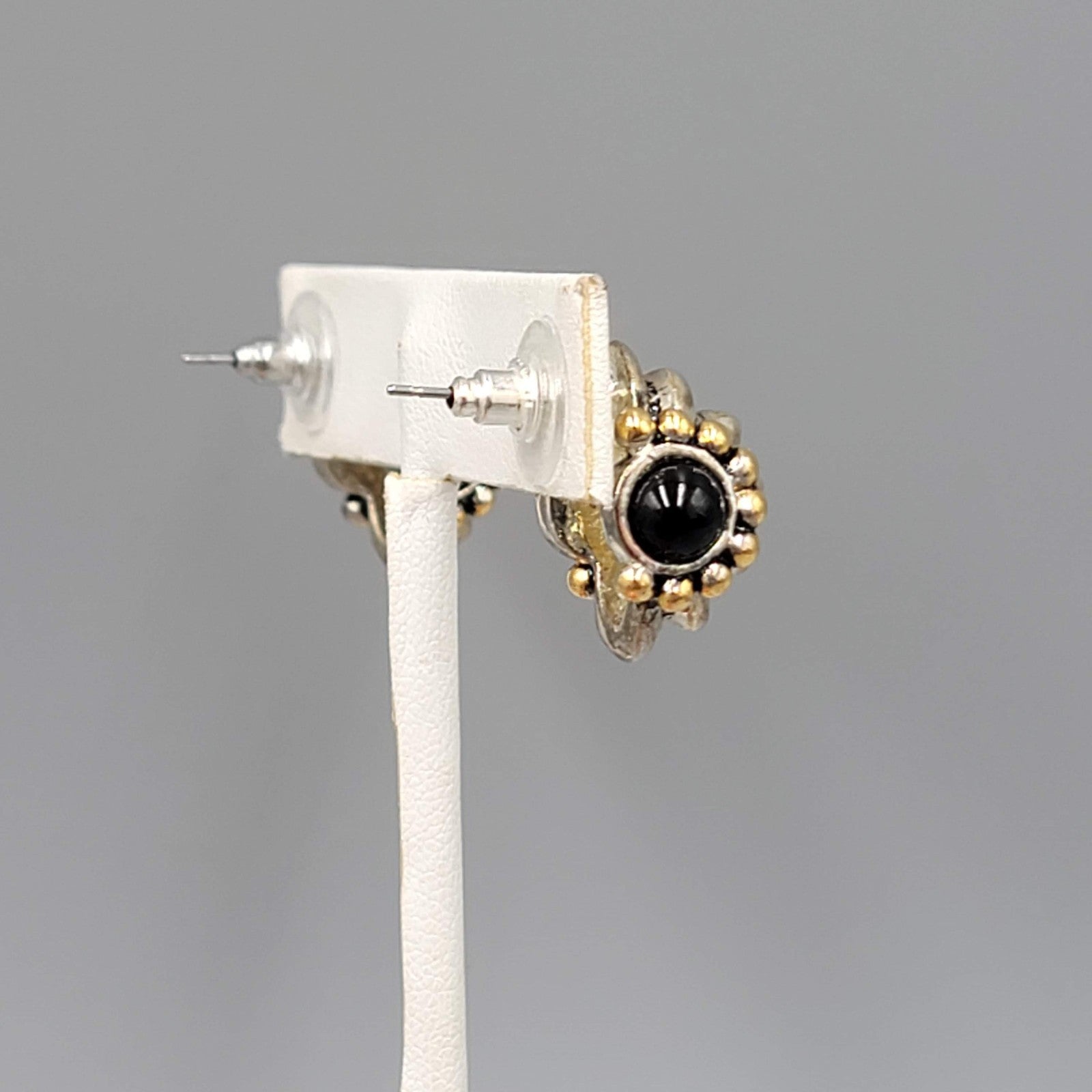 Statement Pierced Earrings Silver and Gold tones Black Bead 3/4 in