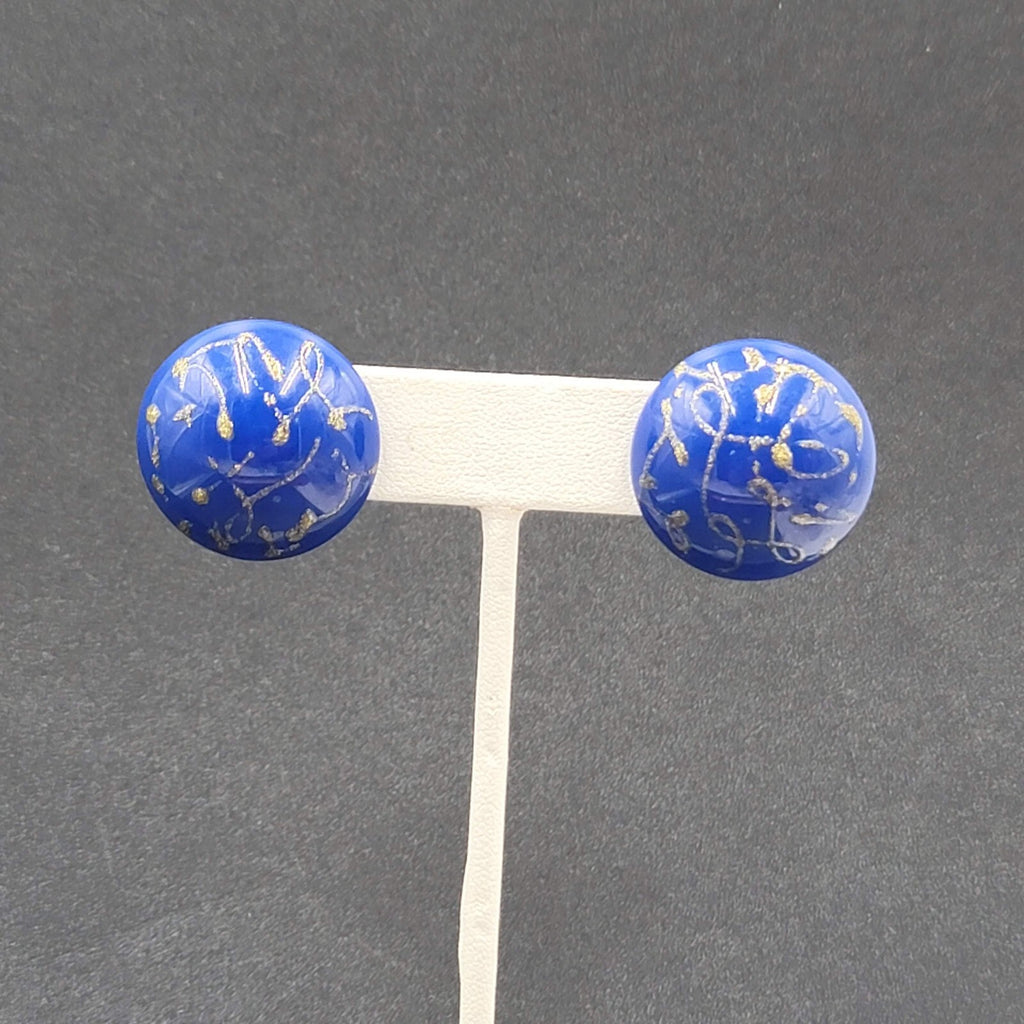 Vintage Pierced Earrings Blue Dome Studs Gold Glitter Paint 1"