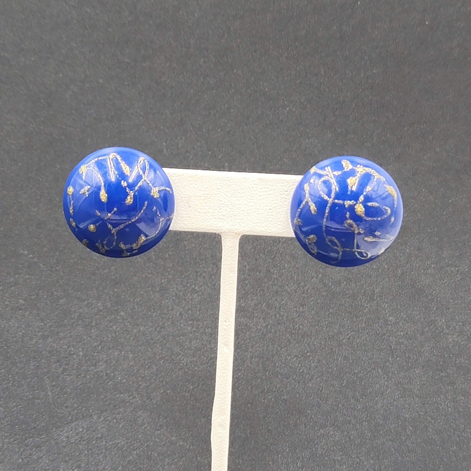 Vintage Pierced Earrings Blue Dome Studs Gold Glitter Paint 1"