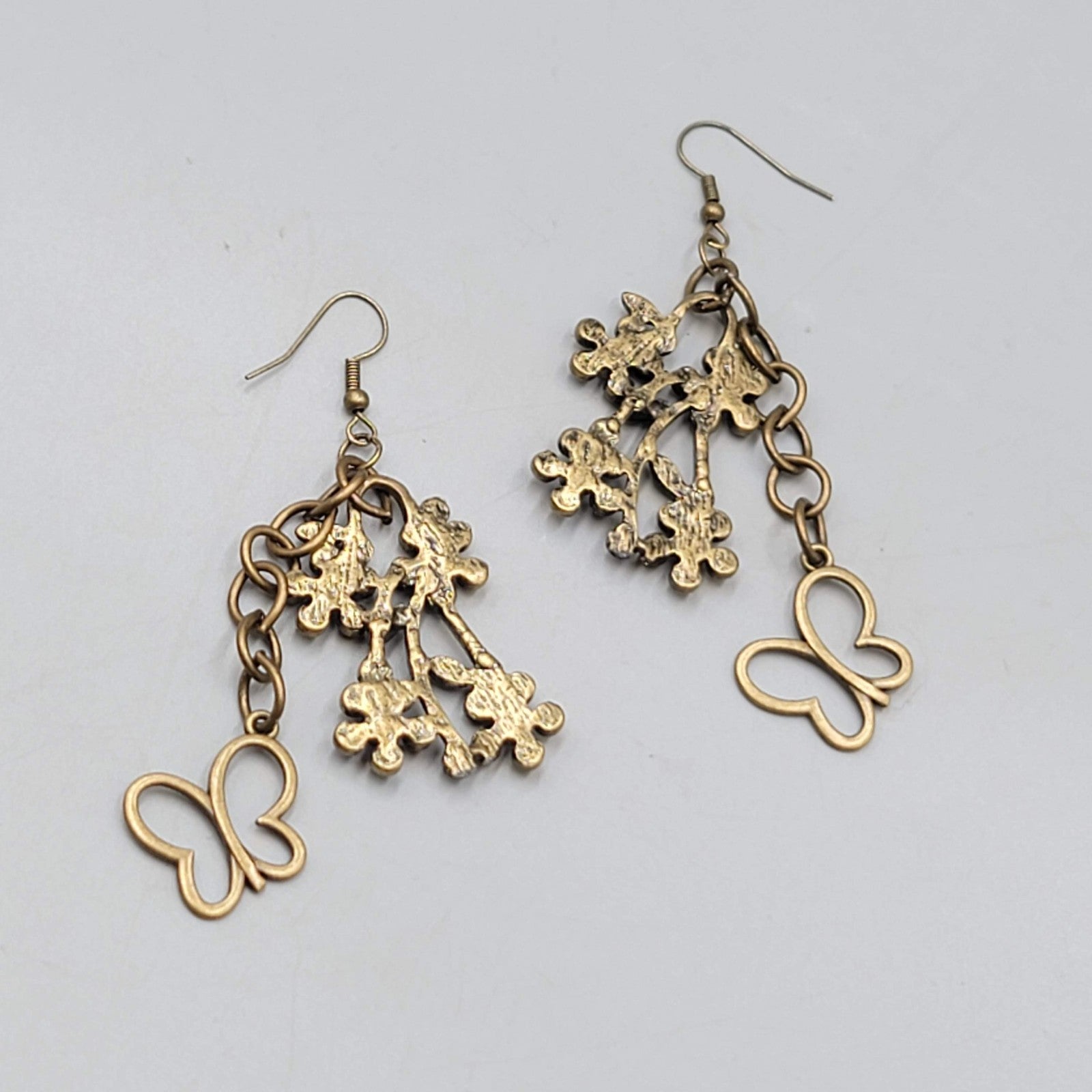 Multicolor Rhinestone Butterfly Pierced Earrings Bronze toen Dangle 2.5 in