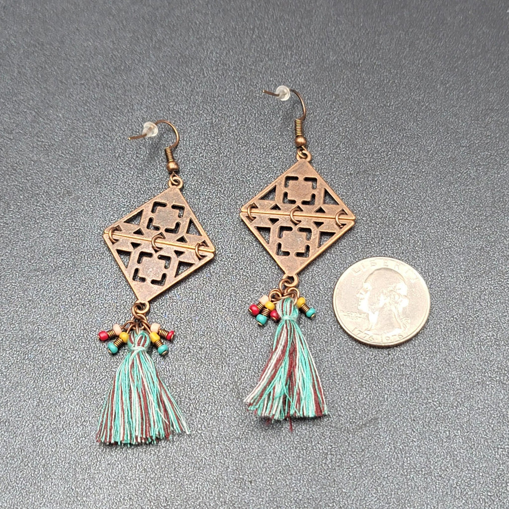 New Boho Pierced Earrings Copper tone Enamel Blue Tassel Long 3"