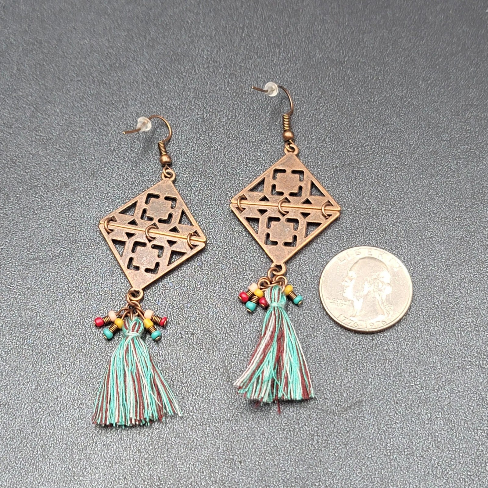 New Boho Pierced Earrings Copper tone Enamel Blue Tassel Long 3"