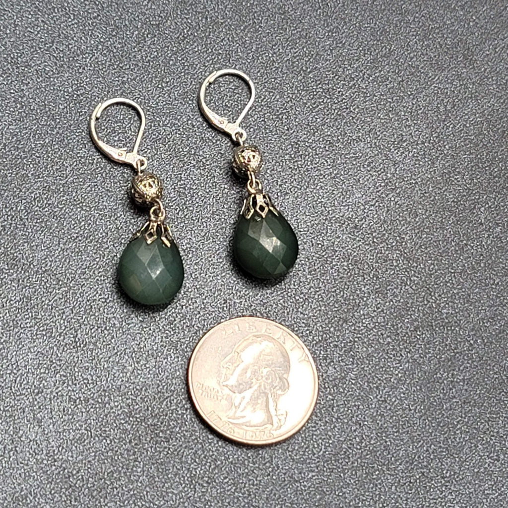 Pierced Earrings Lightweight Green Teardrop Bead Silver tone Dangle 1.25"
