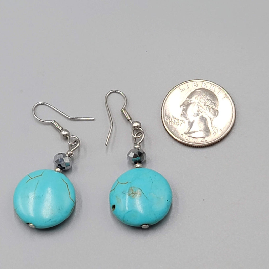 Blue Stone Bead Pierced Earrings Black Accent Silver tone Hook Dangle 1.25"
