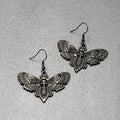 Death Head Moth Pierced Earrings Black Enamel Dangle 1" x 1 5/8" 