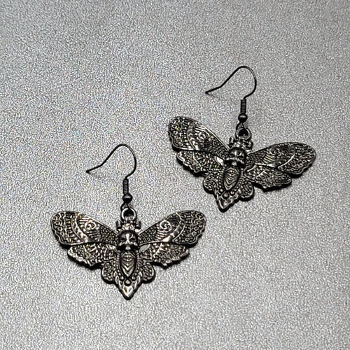 Death Head Moth Pierced Earrings Black Enamel Dangle 1" x 1 5/8" 