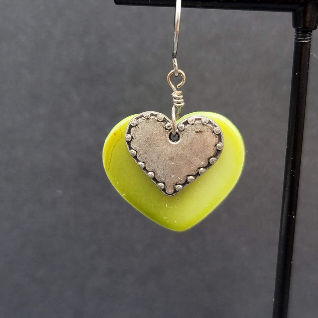 Vintage Heart Pierced Earrings Green Shell Silver tone Layered Dangle 3/4"
