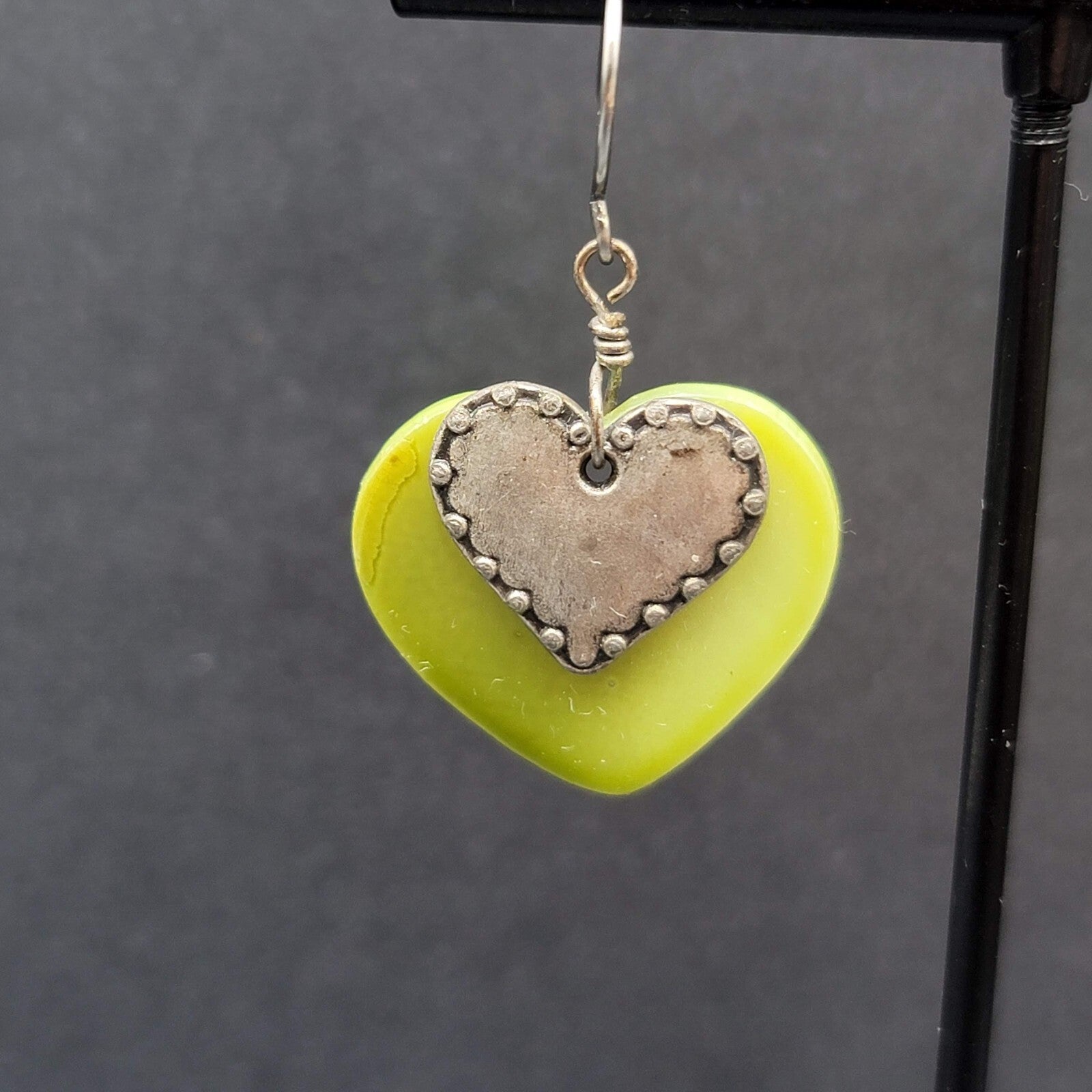 Vintage Heart Pierced Earrings Green Shell Silver tone Layered Dangle 3/4"