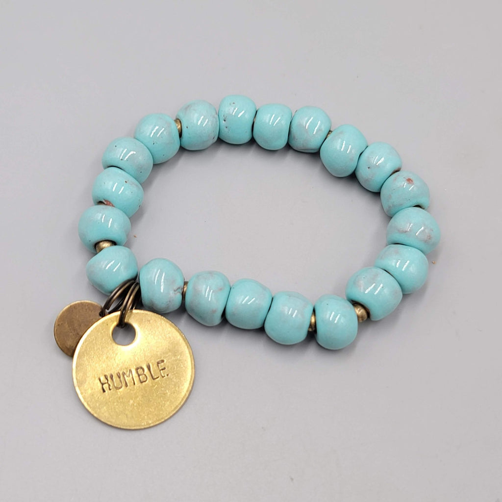 Signed Blue Pottery Blue Bracelet Brass HUMBLE Charm 6.5" Elastic Stretch
