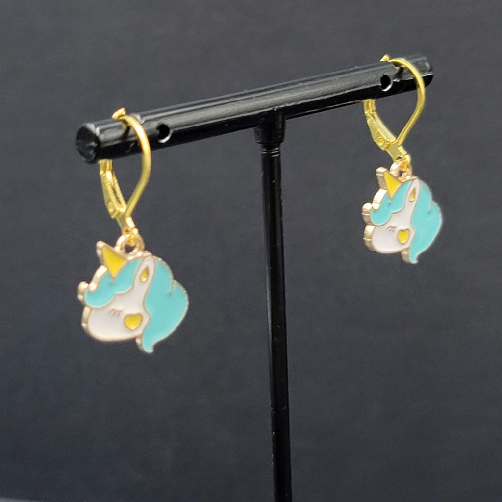 New Unicorn Pierced Earrings Blue Enamel Dangle Gold tone 5/8"