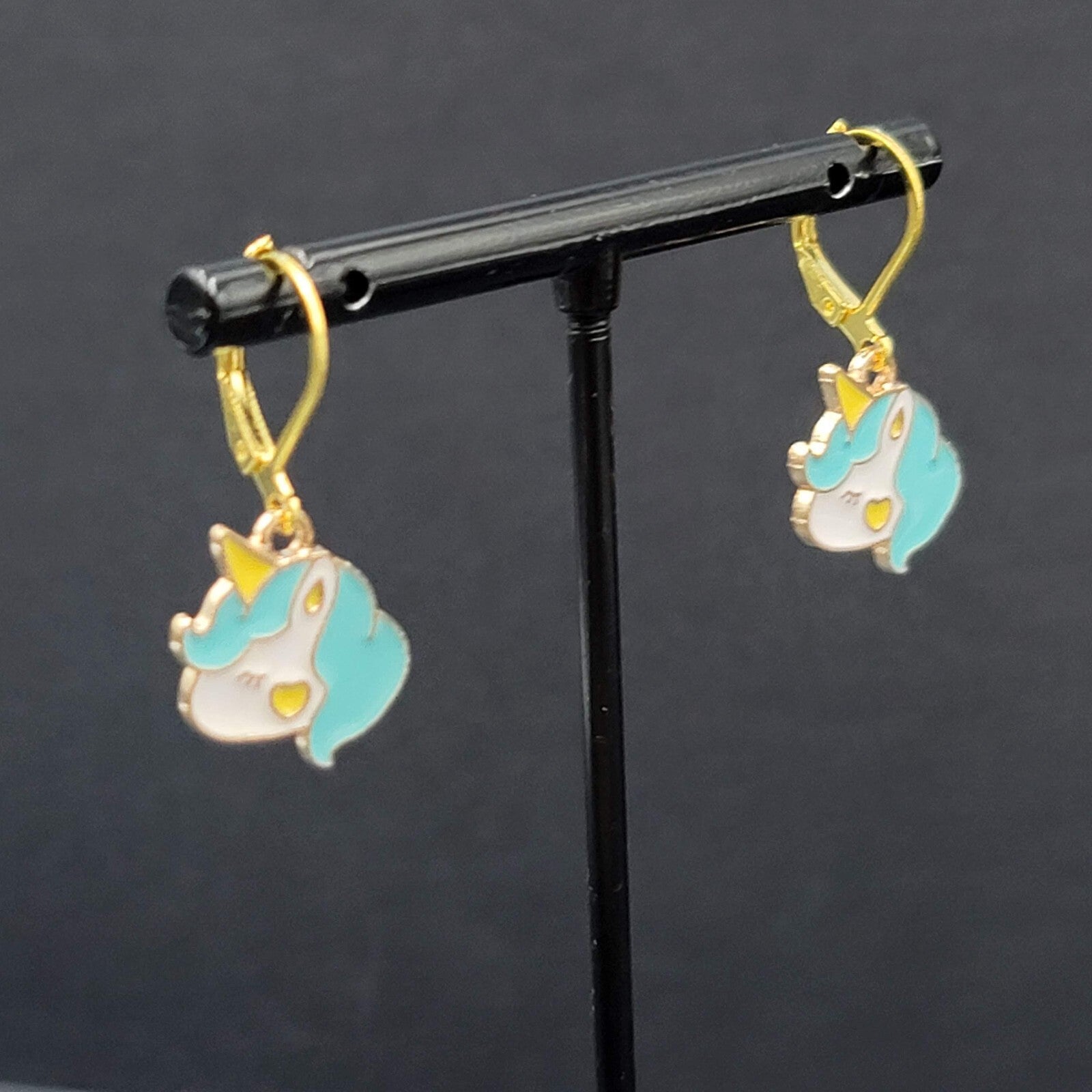 New Unicorn Pierced Earrings Blue Enamel Dangle Gold tone 5/8"