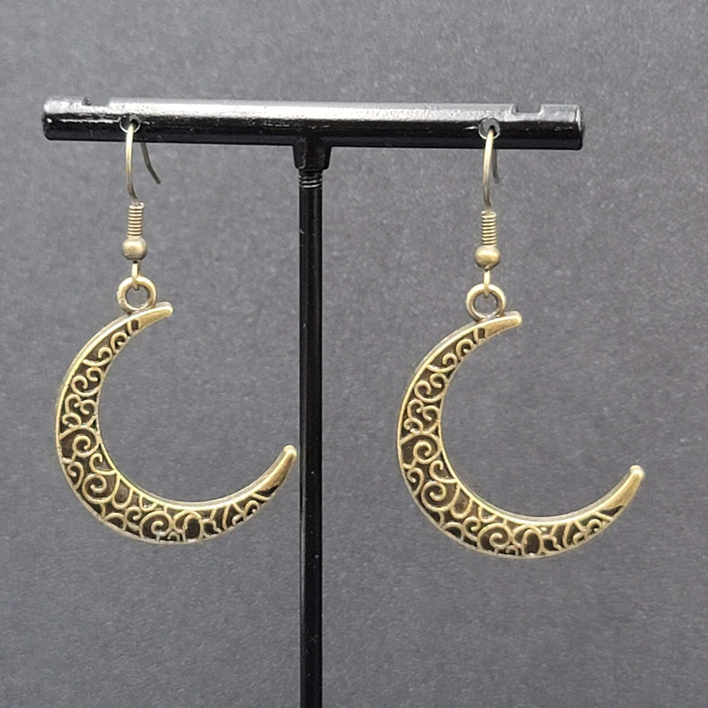 New Crescent Moon Pierced Earrings Embossed Pattern Bronze tone Dangle 1.25"