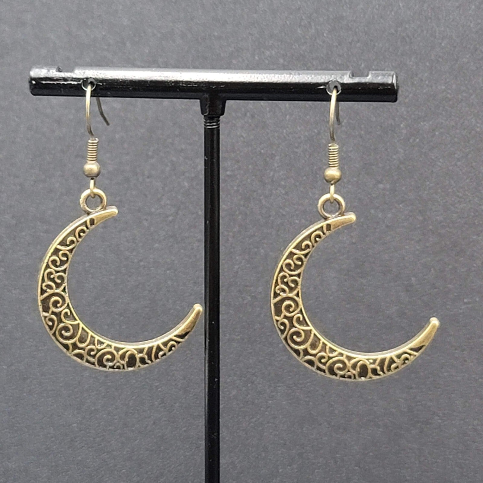 New Crescent Moon Pierced Earrings Embossed Pattern Bronze tone Dangle 1.25"