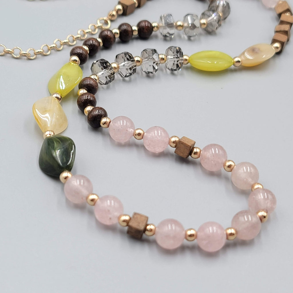 Long Stone Glass Bead Necklace Gold tone Multicolor 34-37"