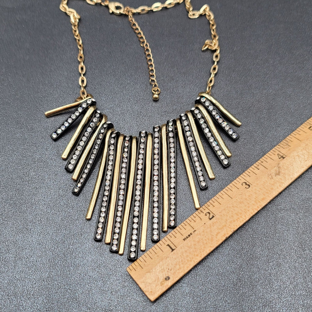 Gold Plated Black Enamel Crystal Rhinestone Bib Statement Necklace 17"-20"