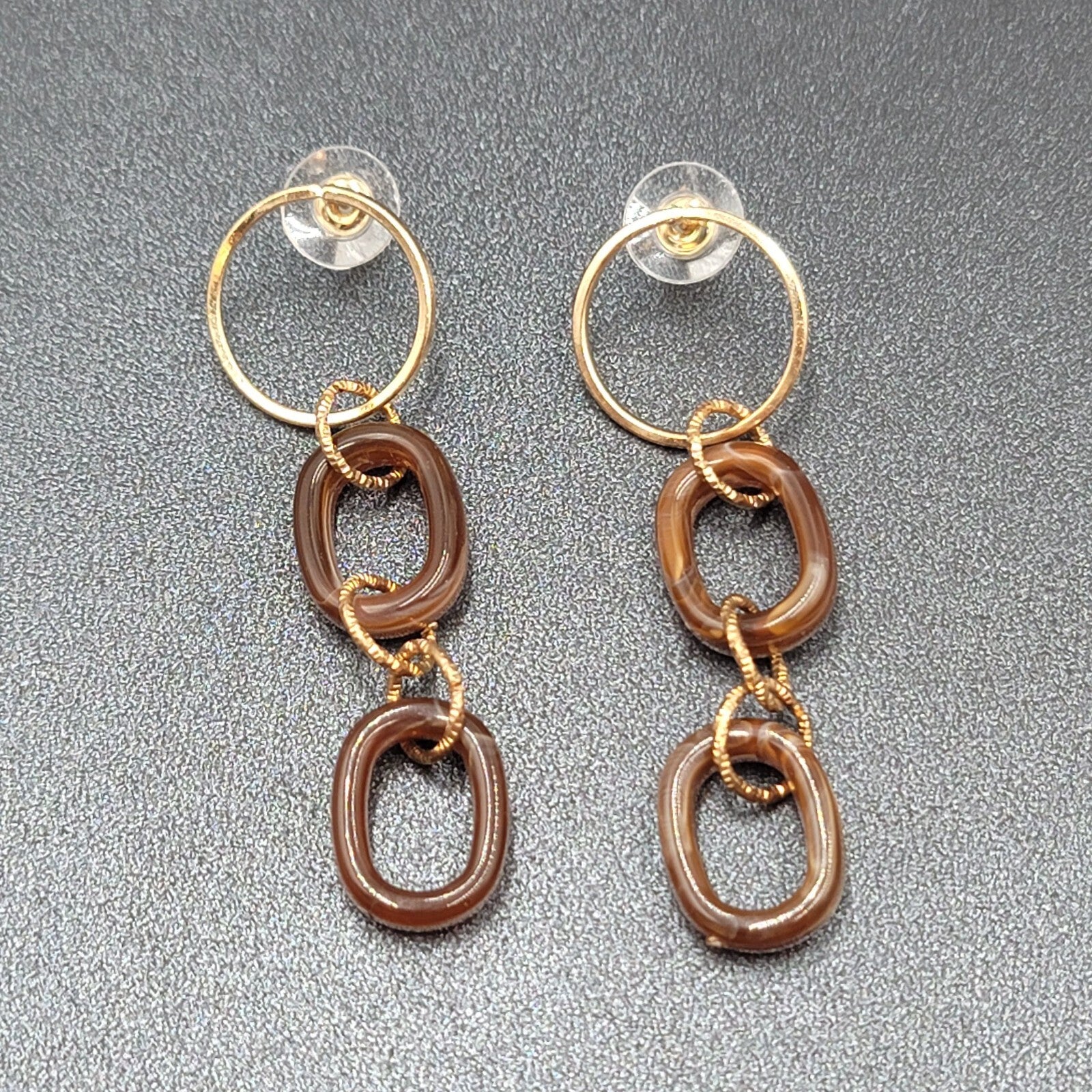 Pierced Earrings Gold tone Brown Swirl Acrylic Hoops Lightweight 2.75"