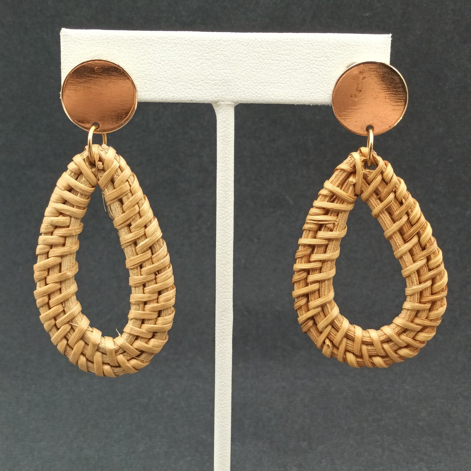 Pierced Earrings Gold tone Rattan Teardrop Statement Dangle 2 1/2"