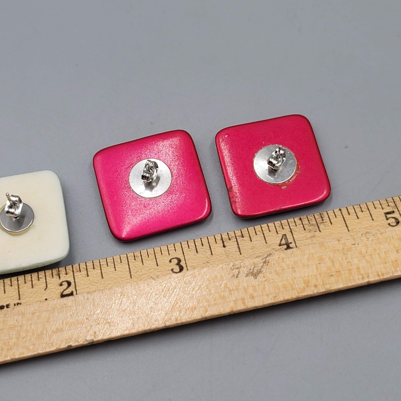 Vintage Square Pierced Earrings Red Blue Lot of 2 Retro Chunky Statement 1"