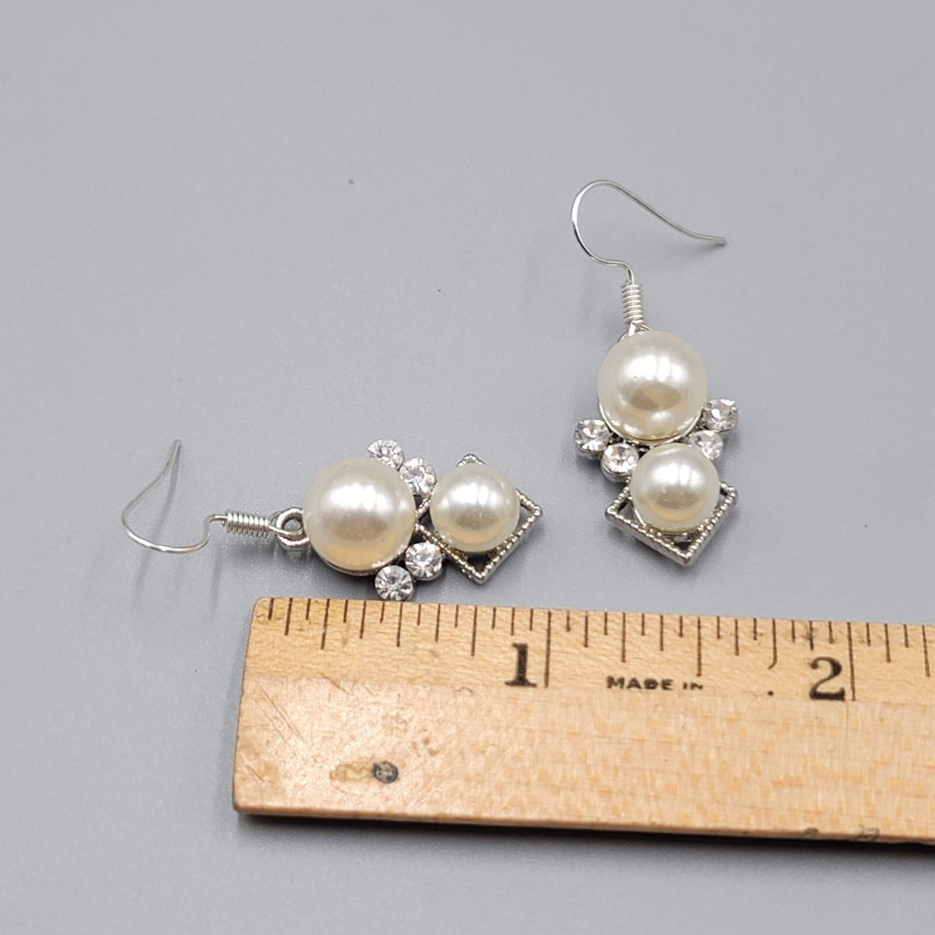 Pierced Earrings Silver tone Faux Pearl White Bead Rhinestone Dangle 7/8"