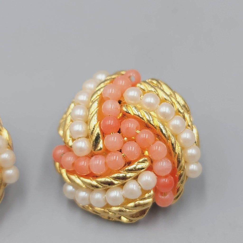 Vintage Avon Clip on Earrings Gold tone Pink White Bead Drop 1"