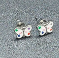 Butterfly Stud Pierced Earrings Polka Dot Enamel Butterfly Silvertone Studs 3/8"