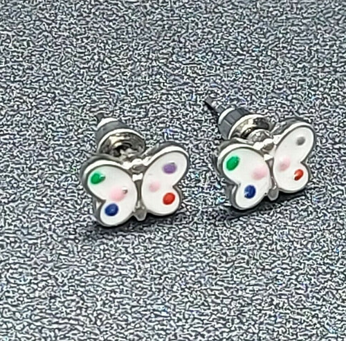Butterfly Stud Pierced Earrings Polka Dot Enamel Butterfly Silvertone Studs 3/8"