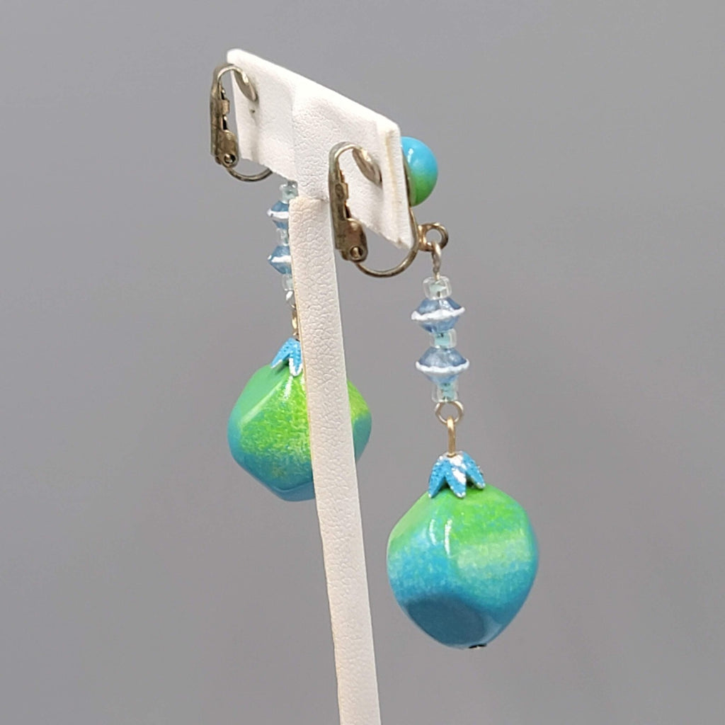 Vintage Green Blue Dangle Bead Clip on Earrings 2.25"