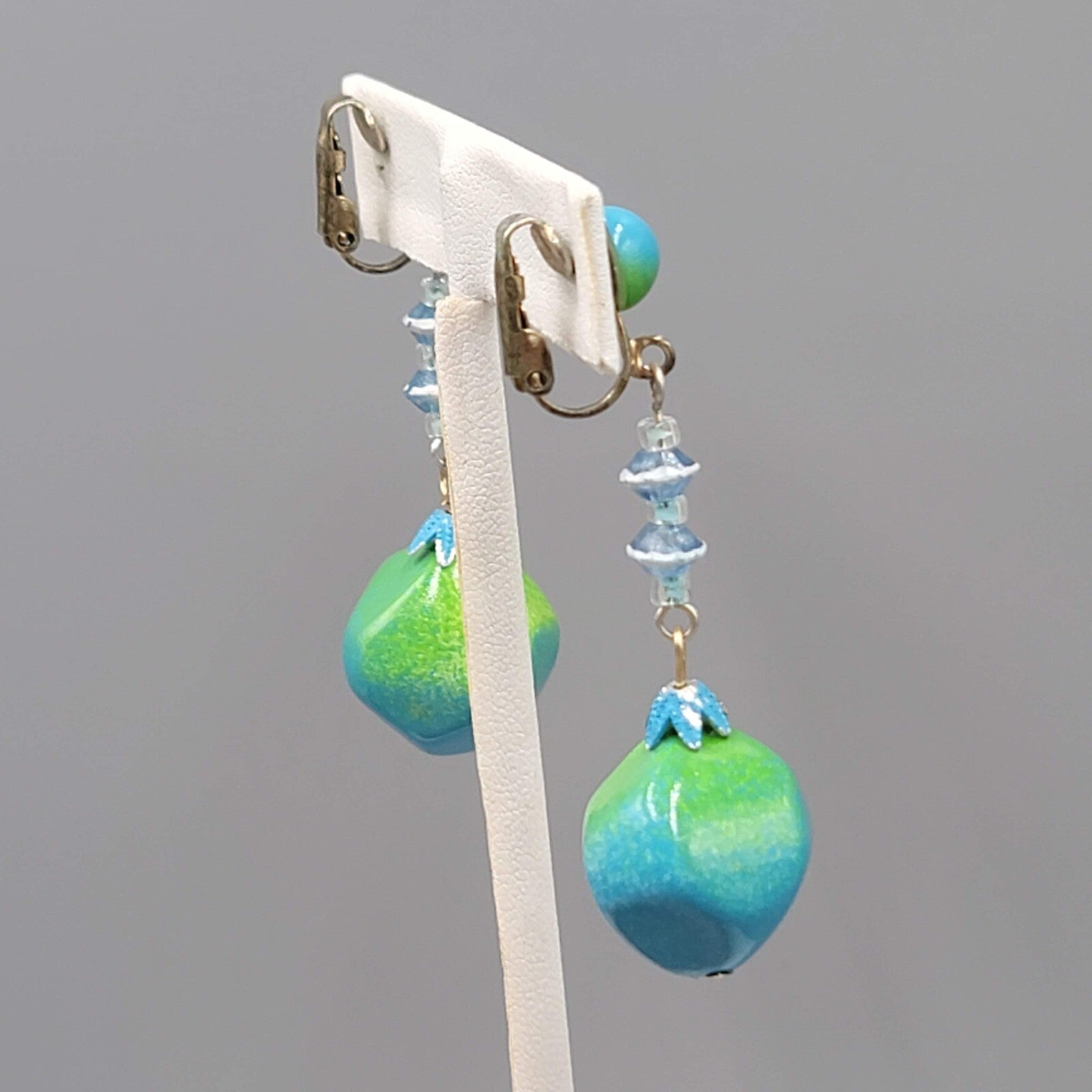 Vintage Green Blue Dangle Bead Clip on Earrings 2.25"