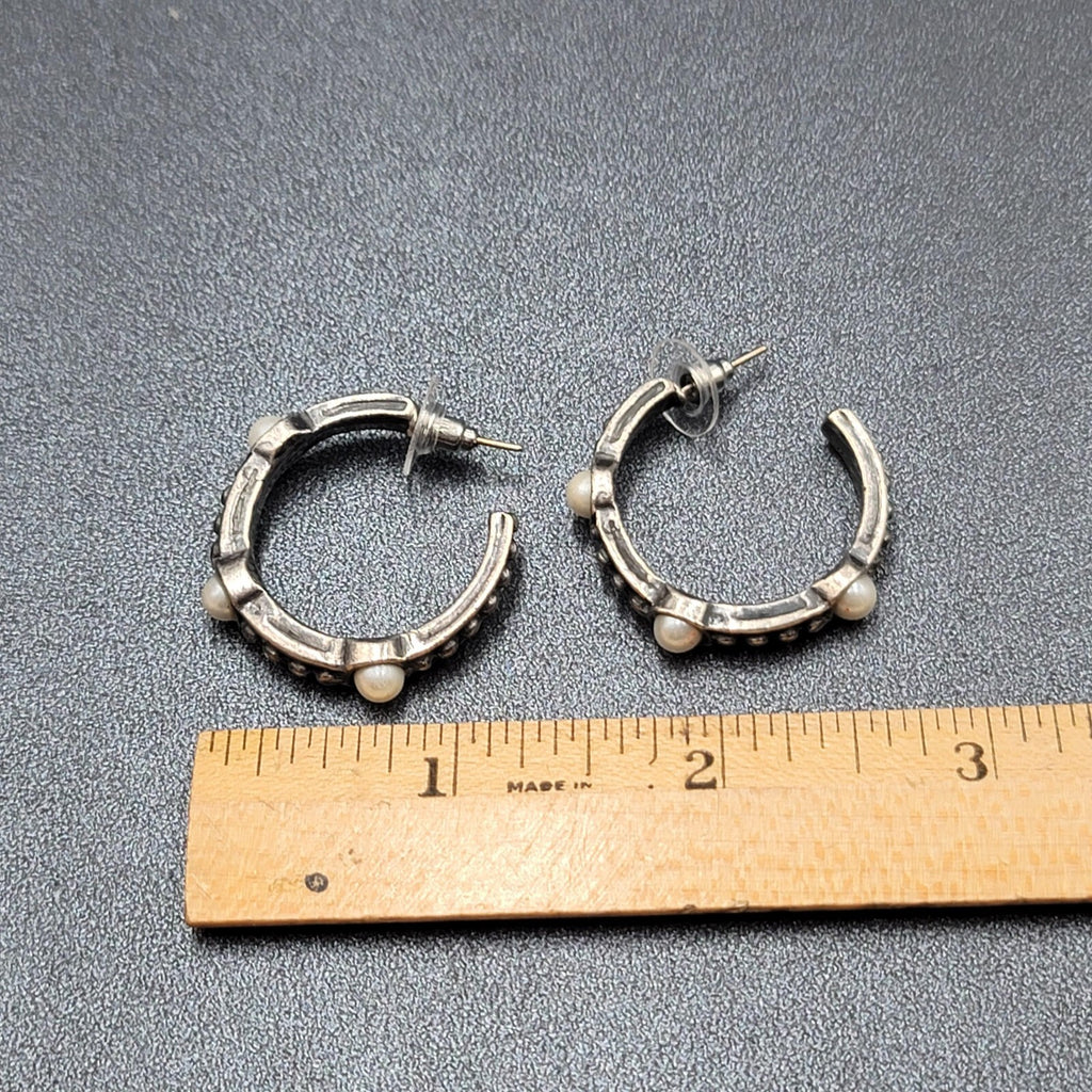 Pierced Earrings Silver tone Faux Pearl Hoops  1.25"