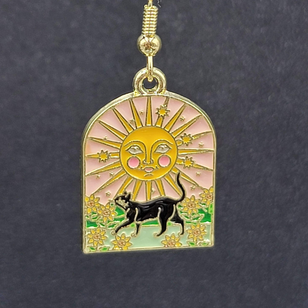 Pierced Earrings Gold tone Enamel Black Cat Happy Sun Flowers Dangle 1"