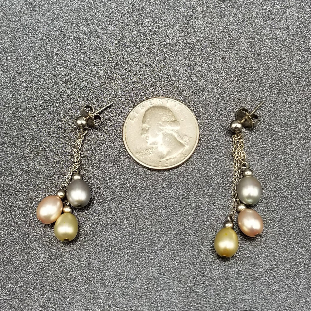 Pierced Earrings Sterling Chain Multicolor Pearl Dangle 1 3/4"