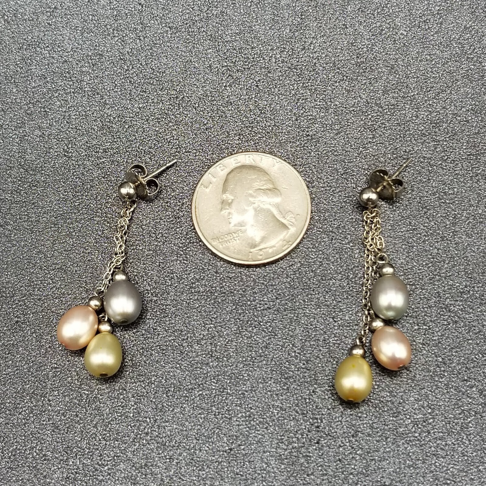Pierced Earrings Sterling Chain Multicolor Pearl Dangle 1 3/4"