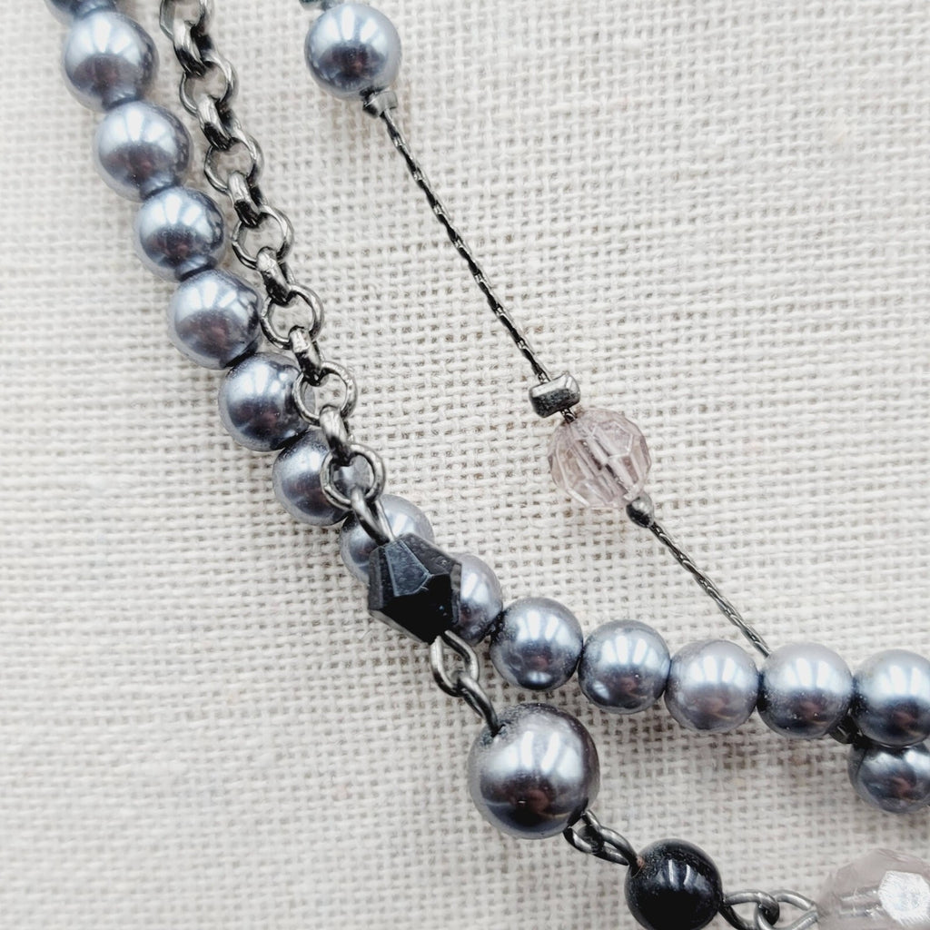 Triple Strand Black Chain Gray Bead Necklace 16"