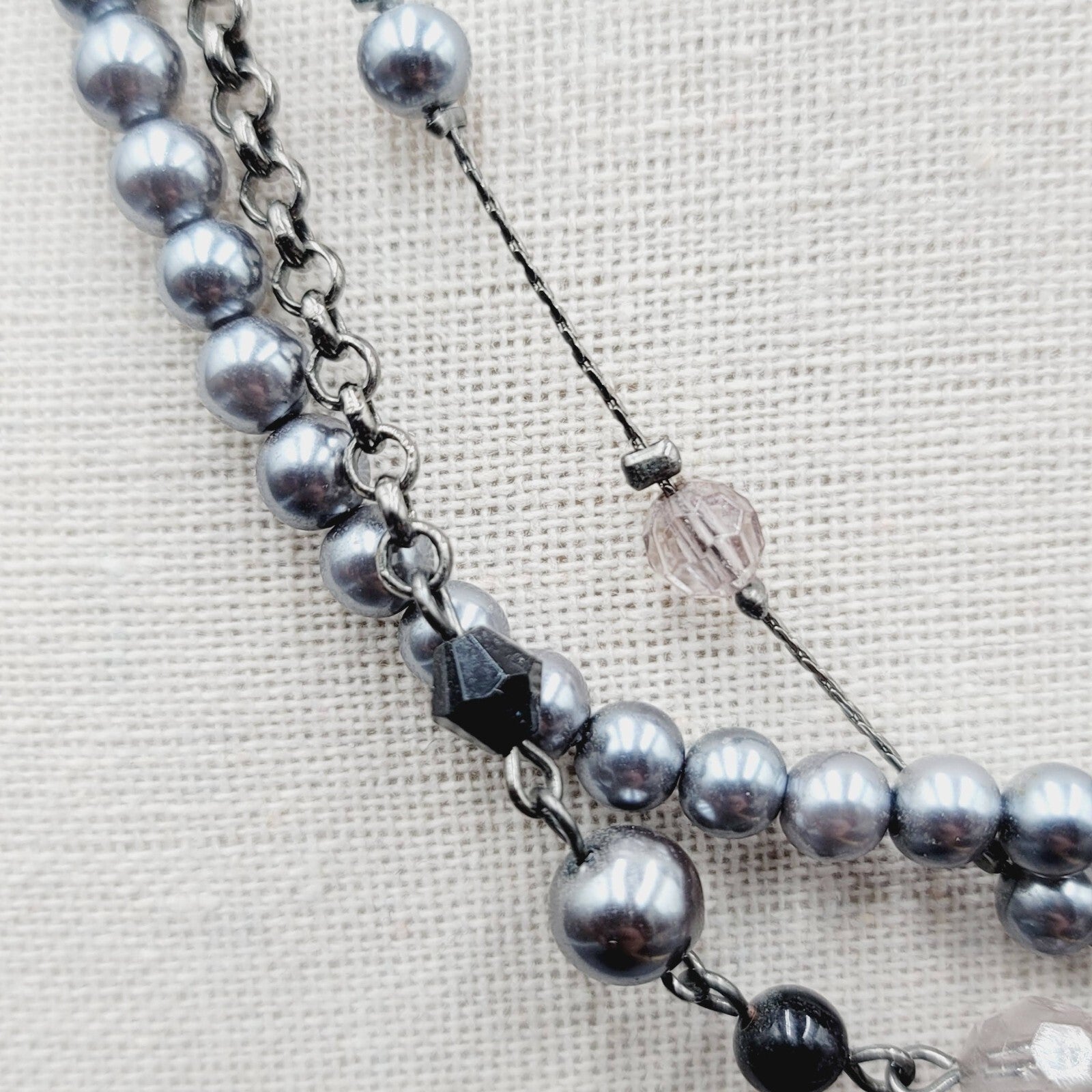 Triple Strand Black Chain Gray Bead Necklace 16"