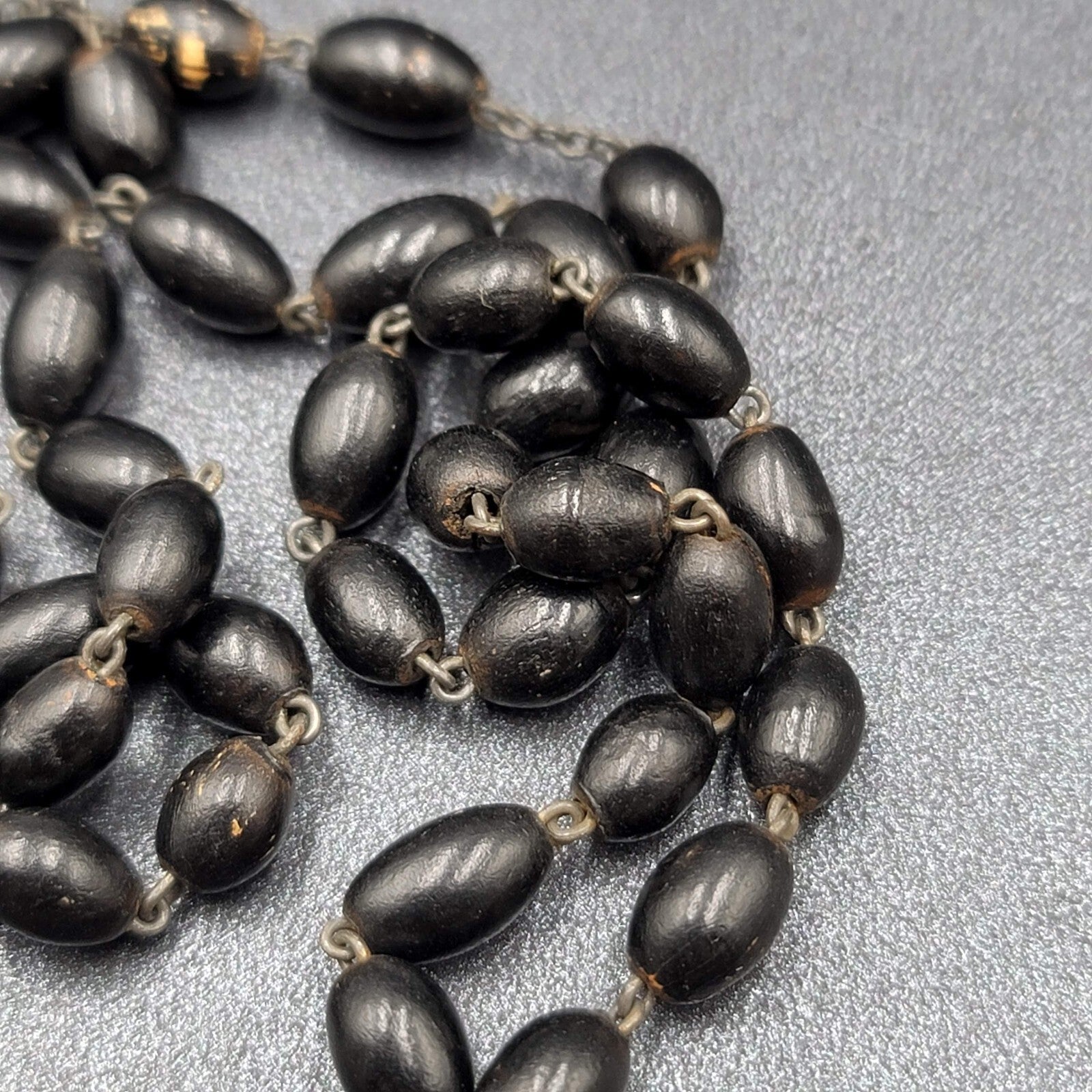 Vintage Black Seed Beaded Rosary Silver tone Well-Loved