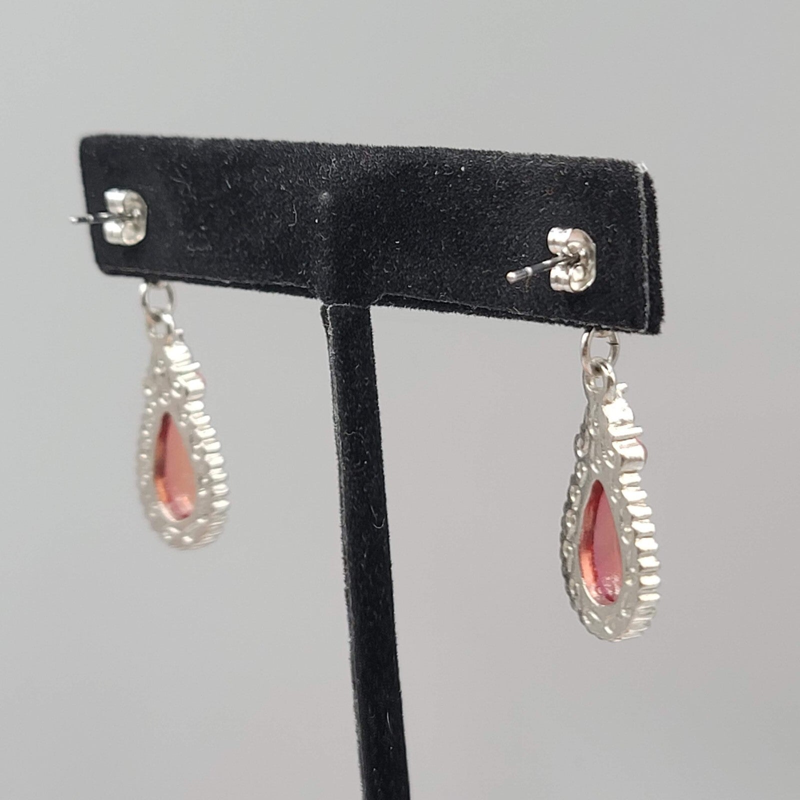 Pierced Earrings Gold tone Pink Rhinestone Teardrop Dangle 1.5"