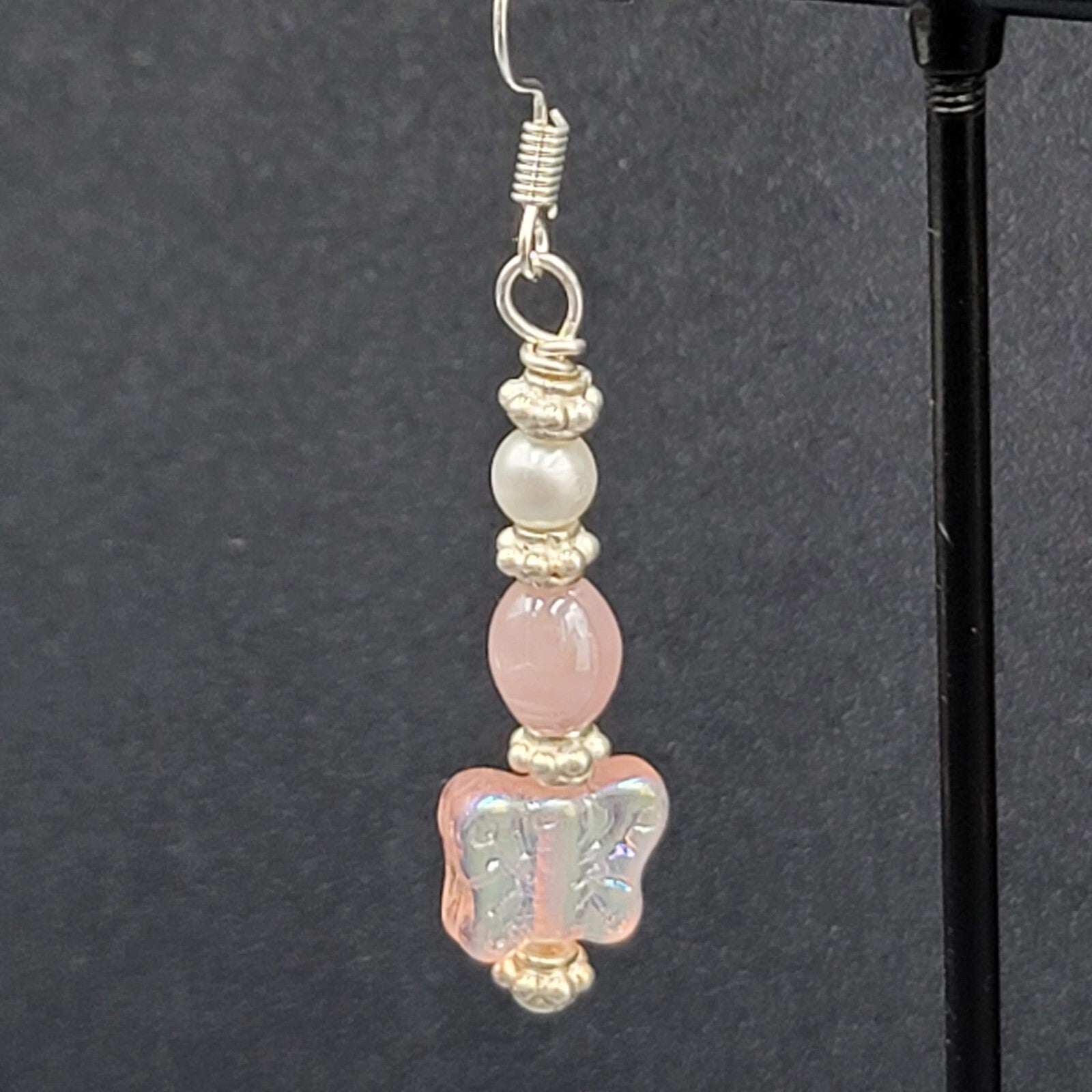 New Pierced Earrings Silver tone Iridescent Butterfly Bead Dangle Pink 1.5"