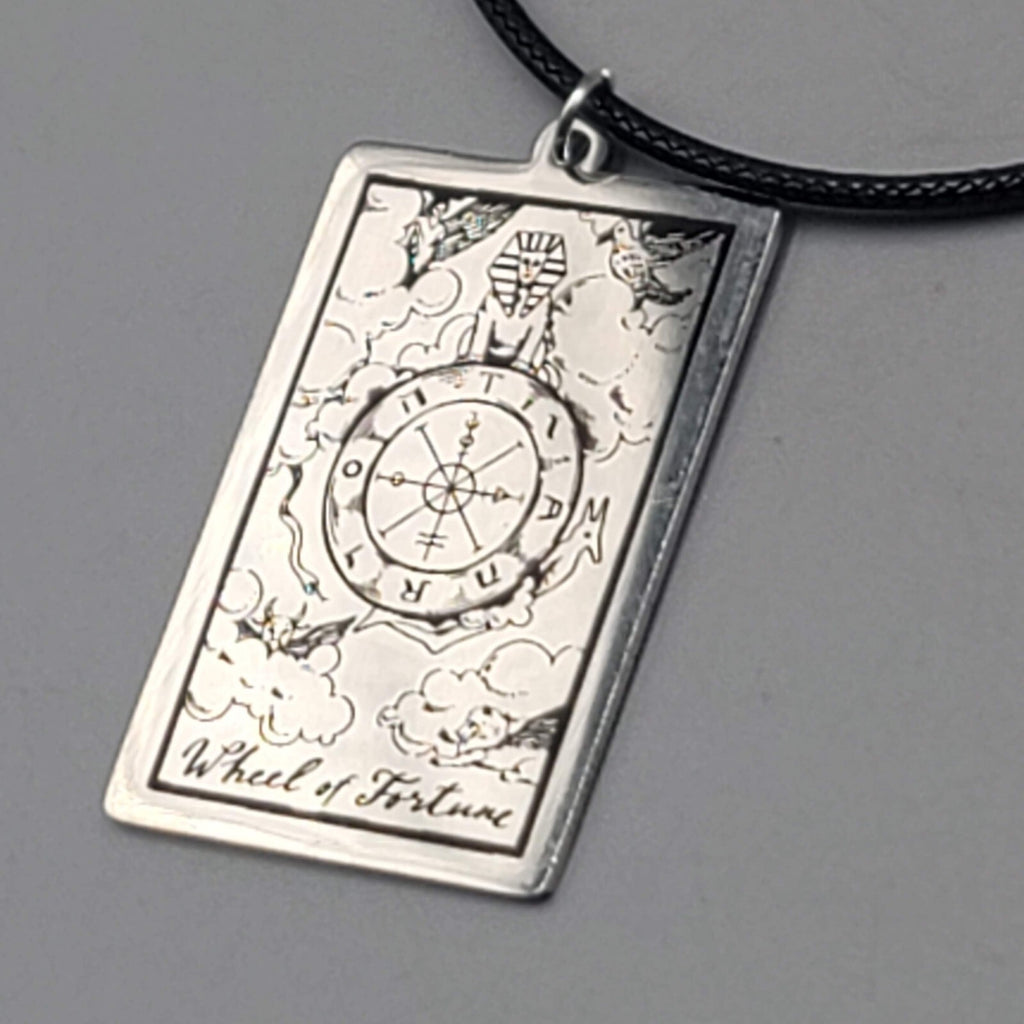 WHEEL OF FORTUNE Tarot Card Pendant Necklace Major Arcana Silver tone 18”