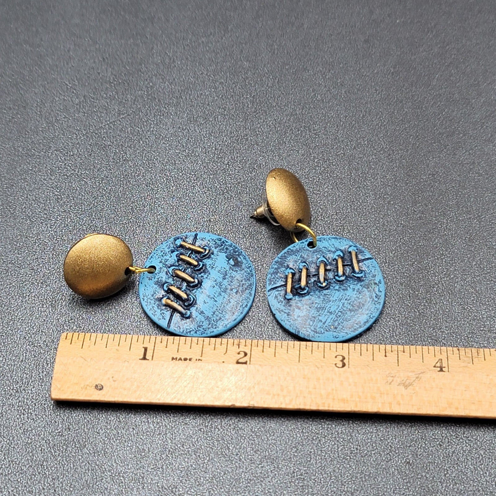 Vintage Pierced Earrings Gold tone Blue Dangle Statement 2"