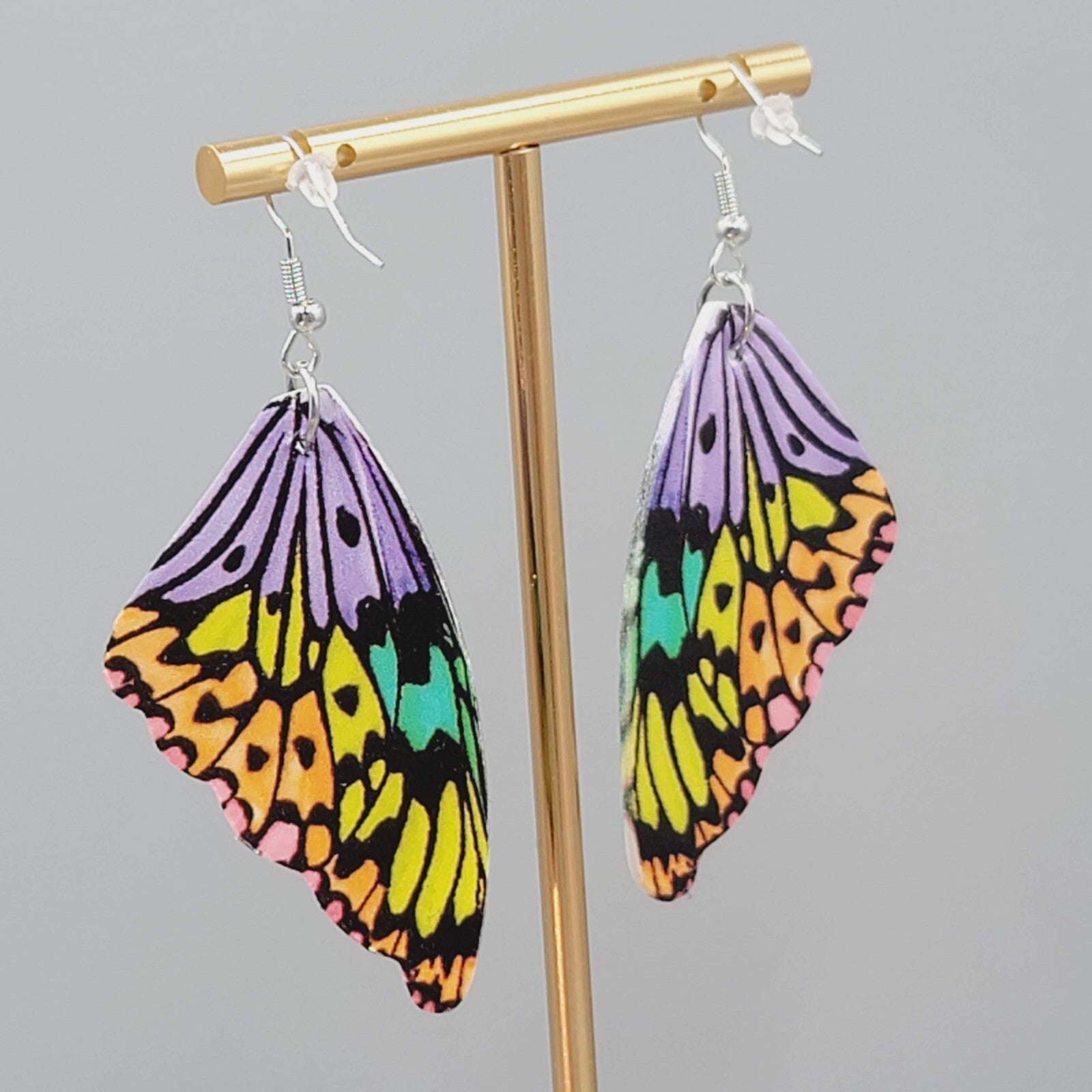 Butterfly Wing Pierced Earrings Purple Yellow Orange Statement Dangle 2.25"