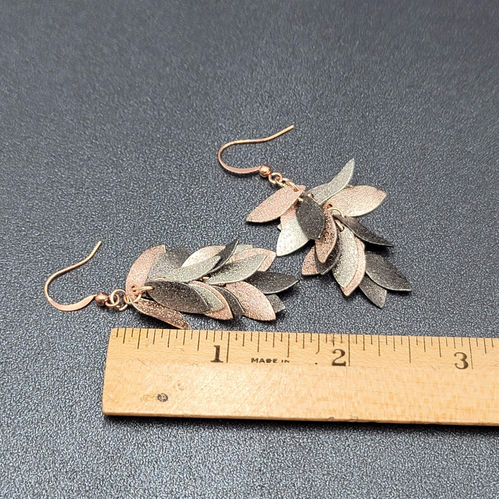Pierced Earrings Tricolor Gunmetal Silver Rose Gold Dangle Leaves 1 5/8"