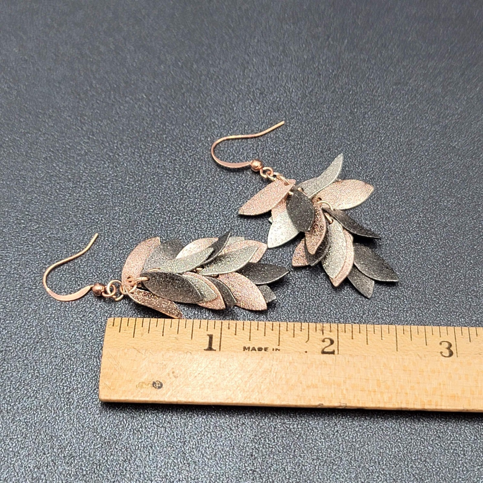 Pierced Earrings Tricolor Gunmetal Silver Rose Gold Dangle Leaves 1 5/8"
