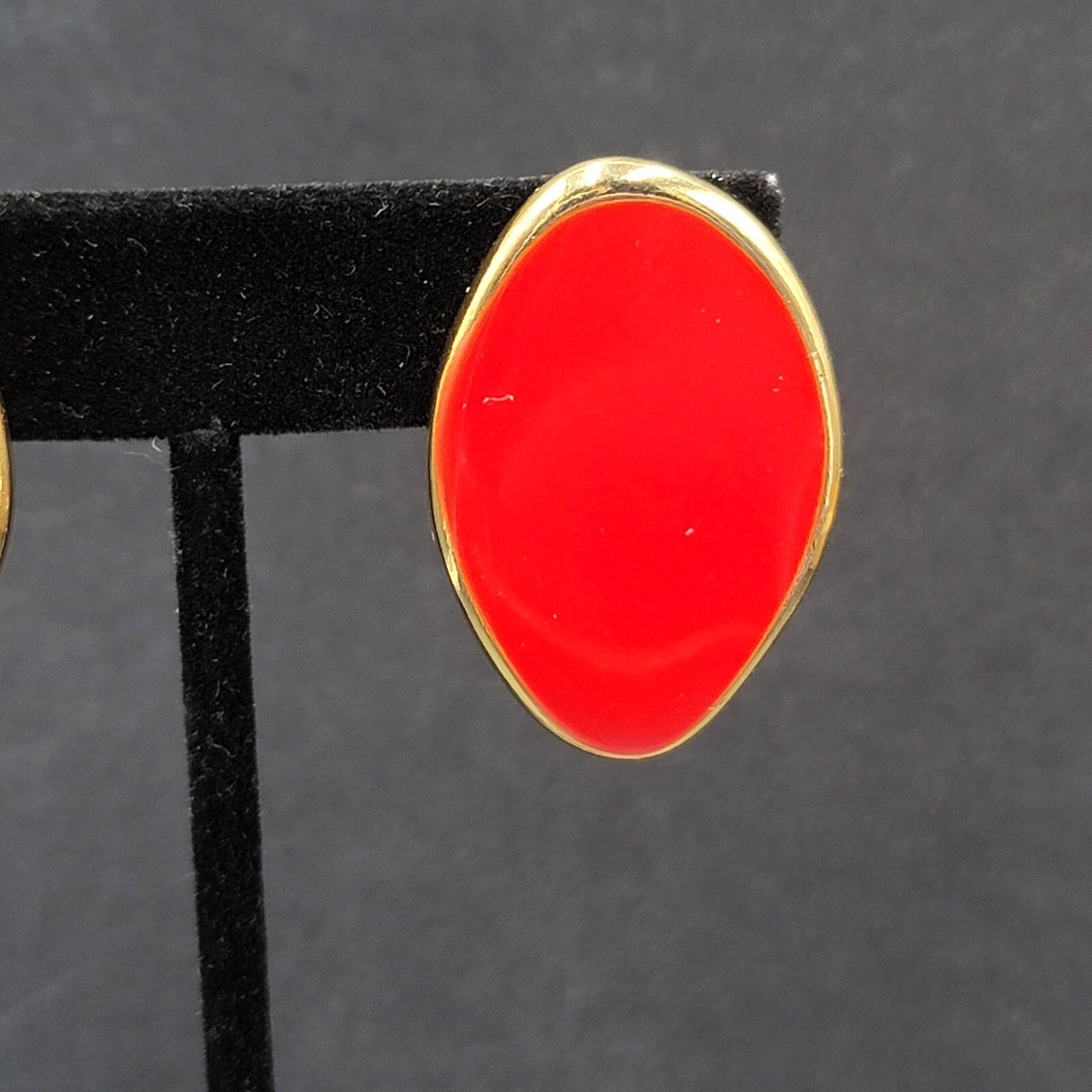 Bergere Red Enamel Clip On Earrings Gold Plated  1.25"
