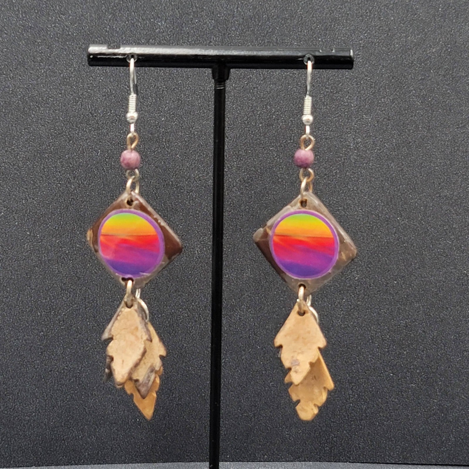 Vintage Coir Coconut Shell Pierced Earrings Multicolor Beach Scene Dangle 2.5"