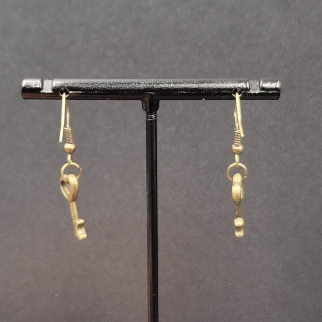 New Pierced Earrings Bronze tone Heart Skeleton Key Dangle 5/8"